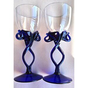 2 Jozefina Krosno Poland Wine Glasses Cobalt Blue Twisted Jelly Fish Stem